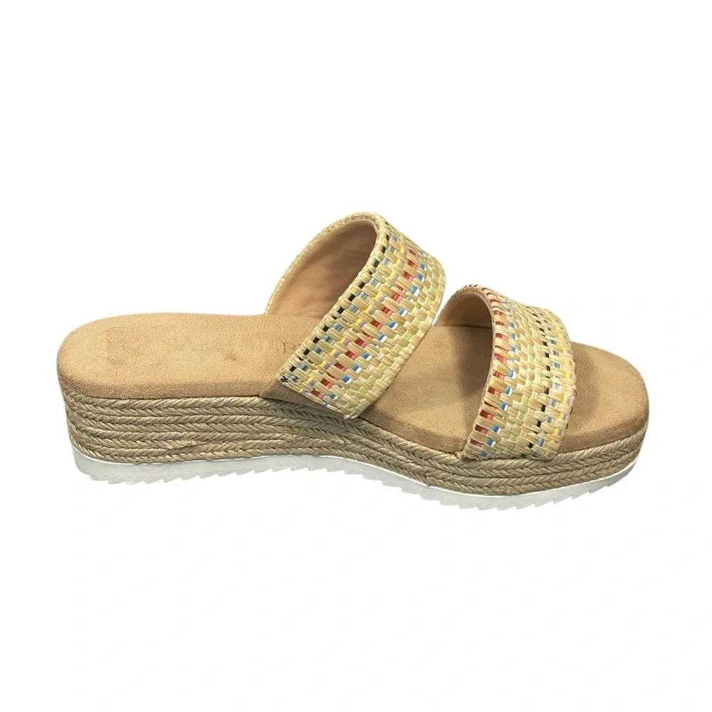 Sam & Libby Charlee Raffia Tan Strap Slip On Wedge Shoe Sandal Sz 9